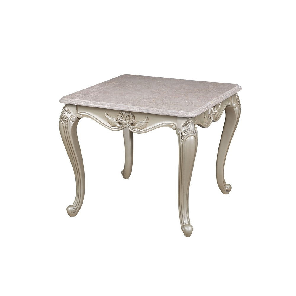 Kerra Side End Table, Beige Marble, Classic Carved Champagne 28 Inch