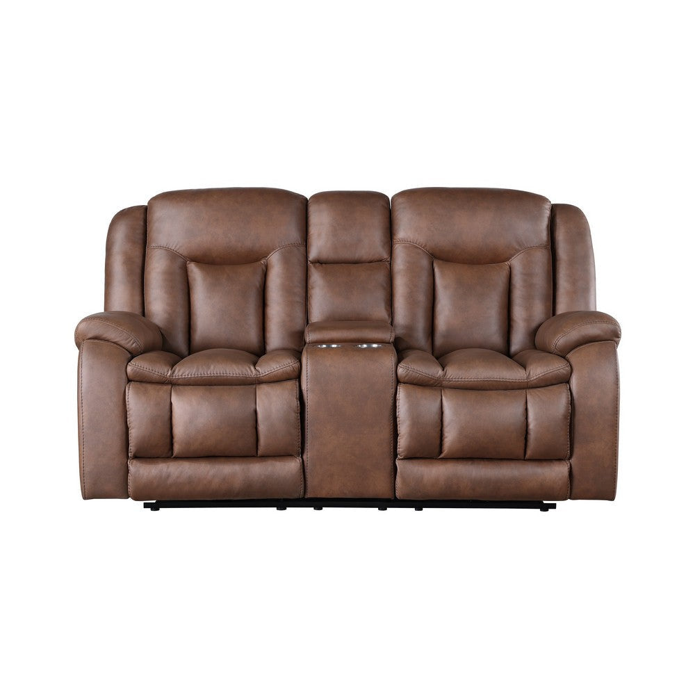 Olaf Dual Manual Recliner Console Loveseat Brown Faux Leather 77 Inch BM329835