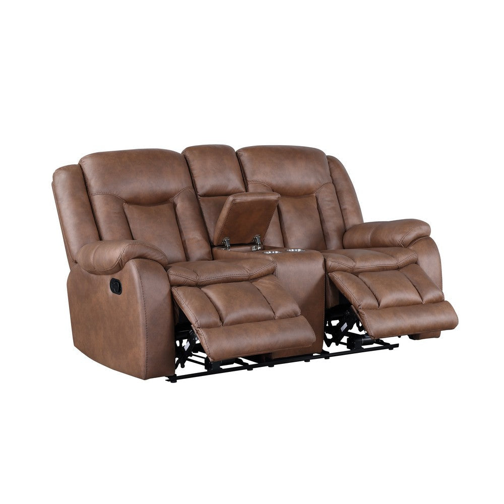 Olaf Dual Manual Recliner Console Loveseat Brown Faux Leather 77 Inch BM329835