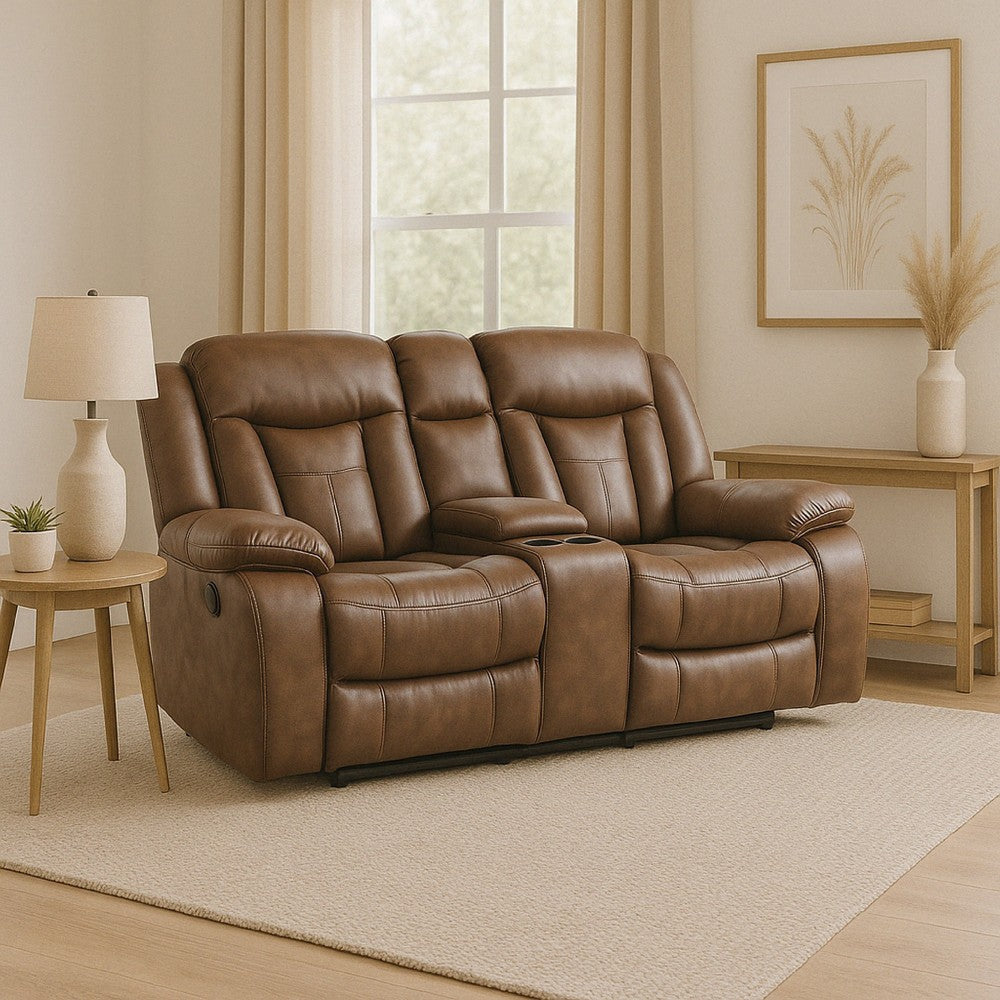 Olaf Dual Manual Recliner Console Loveseat, Brown Faux Leather 77 Inch