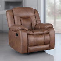 Olaf Manual Glider Recliner Chair, Plush Saddle Brown Faux Leather