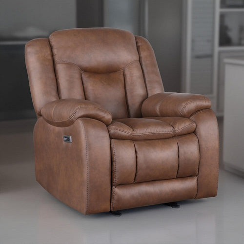Olaf Power Recliner Chair, Chaise Footrest, Saddle Brown Faux Leather