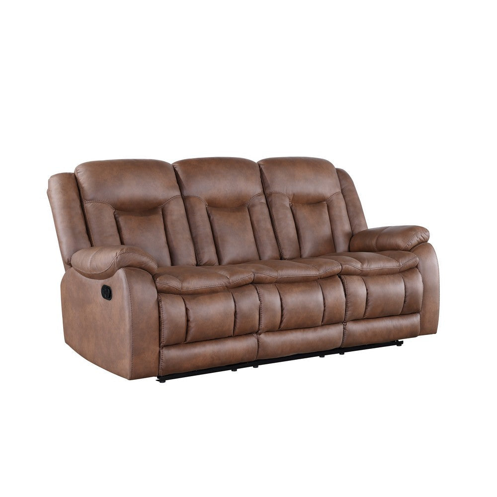 Olaf Dual Manual Recliner Sofa, Saddle Brown Faux Leather 88 Inch
