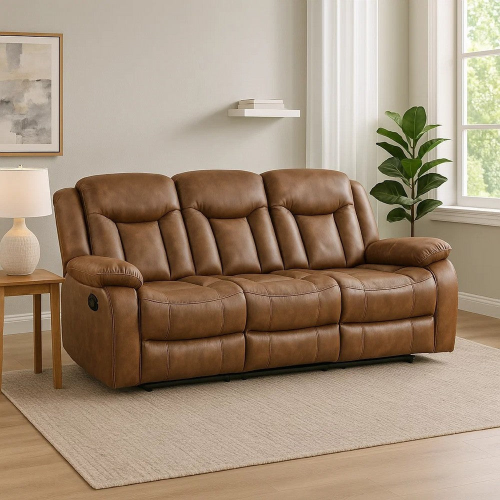 Olaf Dual Manual Recliner Sofa, Saddle Brown Faux Leather 88 Inch