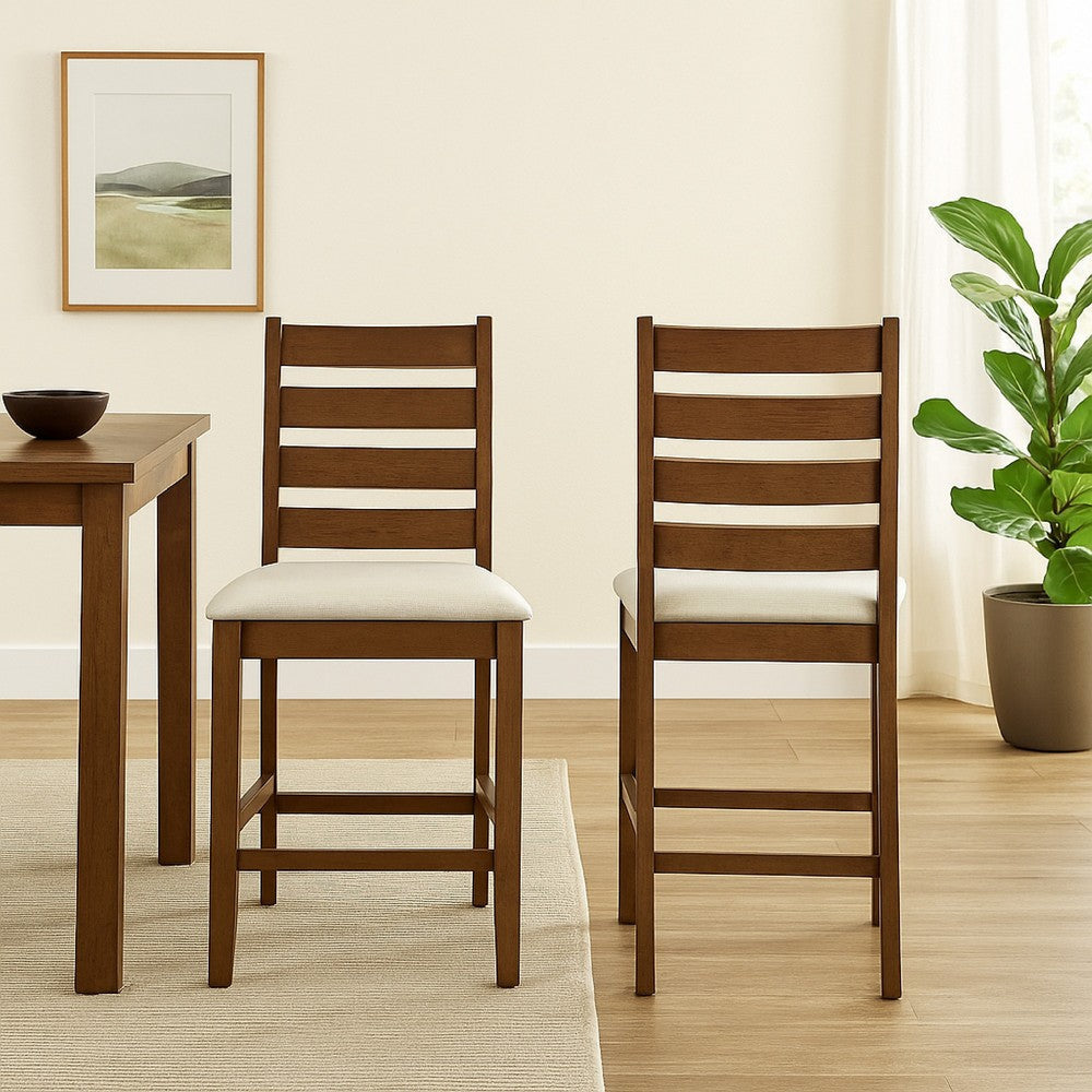Accai Counter Height Chair Set of 2, Beige Polyester, Brown Rubberwood