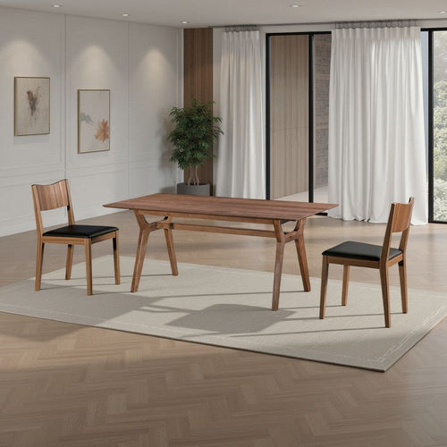 Thoi Dining Table, 71 Inch, Retro Angled Legs, Brown Solid Rubberwood