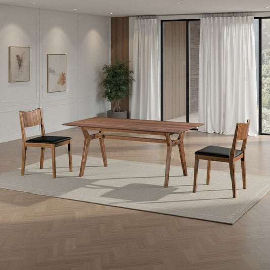 Thoi Dining Table, 71 Inch, Retro Angled Legs, Brown Solid Rubberwood