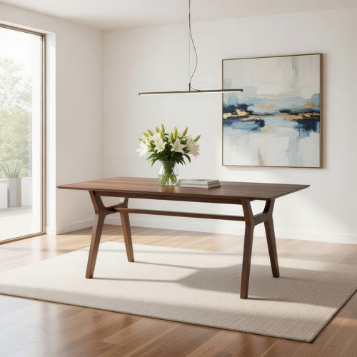 Thoi Dining Table, 71 Inch, Retro Angled Legs, Brown Solid Rubberwood