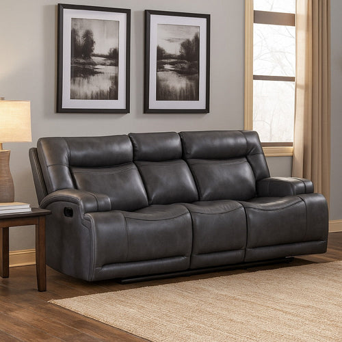 Tito Manual Reclining Sofa, Gray Polyester, 91 Inch, Drop Down Tray