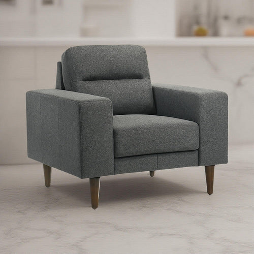 Vile Accent Chair, Plush Gray Fabric, Classic Tapered Solid Wood Legs