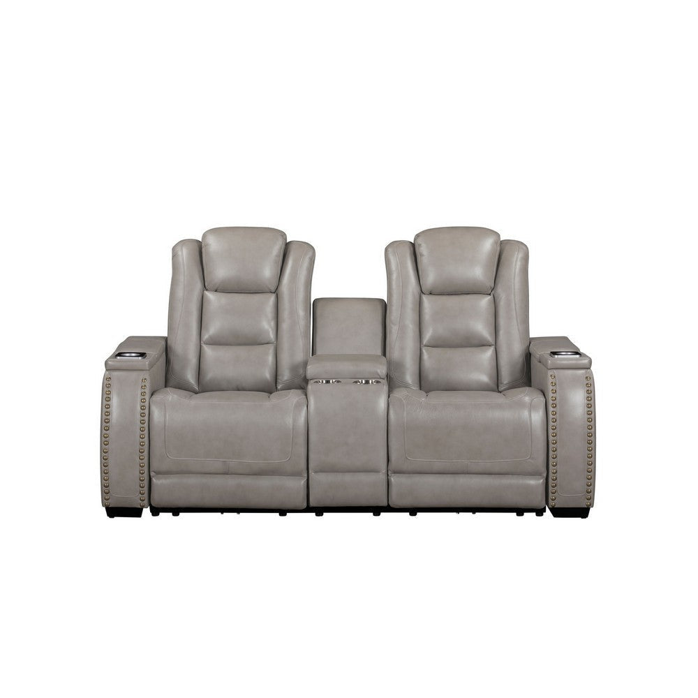 Luxe Manual Reclining Loveseat w Console 73 Inch Gray Real Leather BM329890