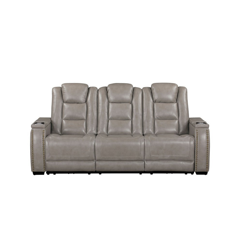 Luxe Manual Recliner Sofa Armrest Storage 84 Inch Gray Real Leather BM329892