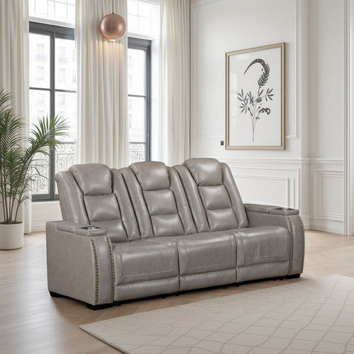 Luxe Manual Recliner Sofa, Armrest Storage, 84 Inch, Gray Real Leather