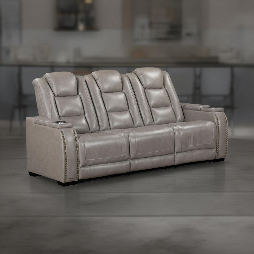 Luxe Power Recliner Sofa, Armrest Storage, 84 Inch, Gray Real Leather