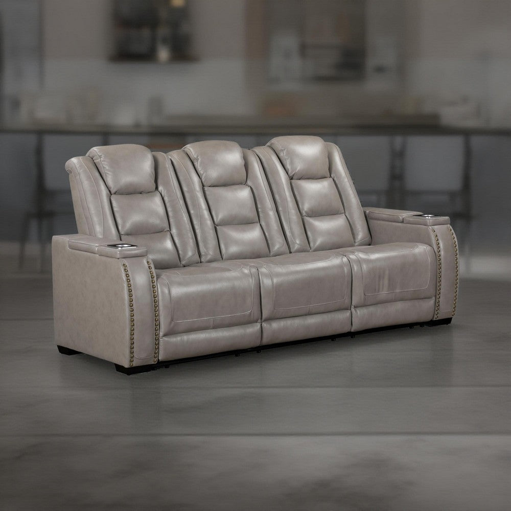 Luxe Power Recliner Sofa, Armrest Storage, 84 Inch, Gray Real Leather