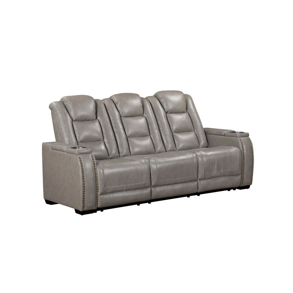 Luxe Power Recliner Sofa, Armrest Storage, 84 Inch, Gray Real Leather
