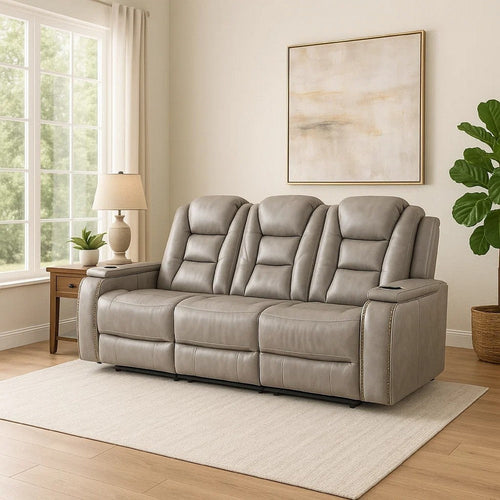 Luxe Power Recliner Sofa, Armrest Storage, 84 Inch, Gray Real Leather