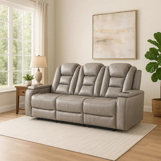 Luxe Power Recliner Sofa, Armrest Storage, 84 Inch, Gray Real Leather