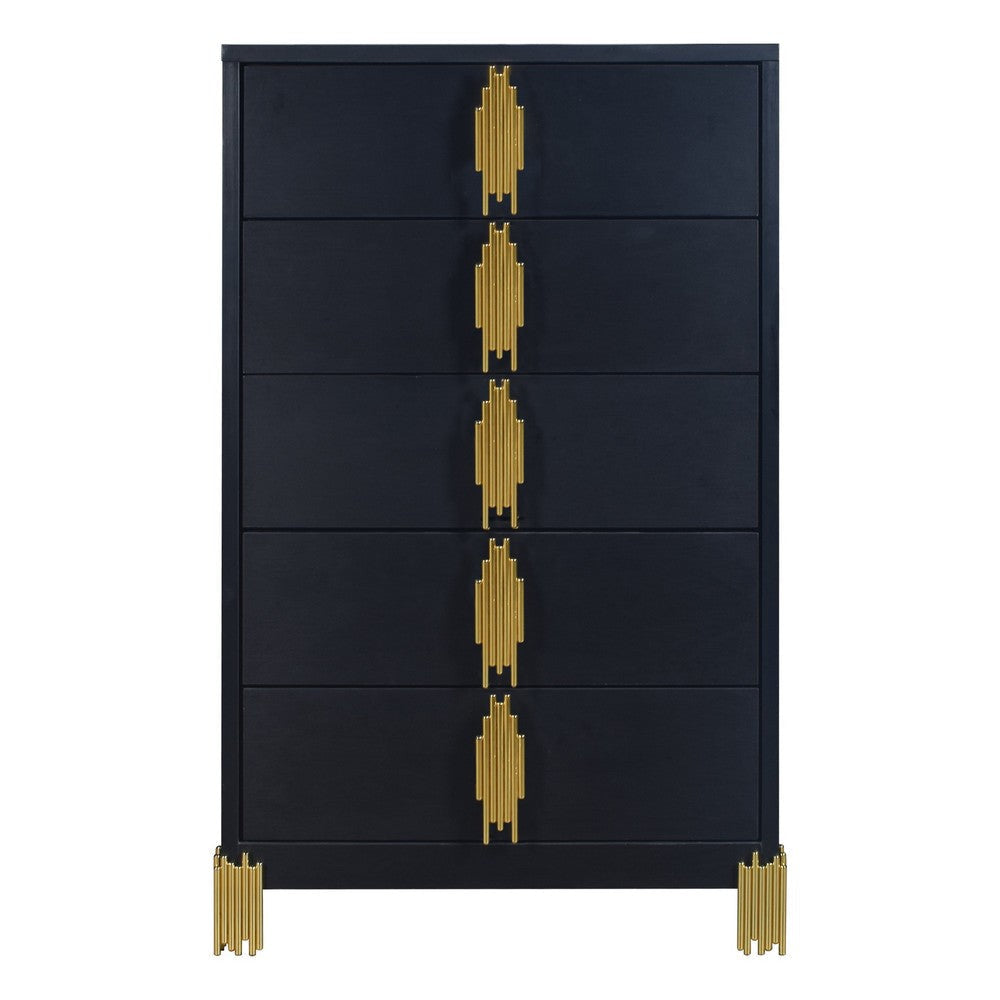 Theo Tall Dresser Chest 5 Drawers Vertical Gold Handles Black Wood BM329920