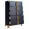 Theo Tall Dresser Chest 5 Drawers Vertical Gold Handles Black Wood BM329920