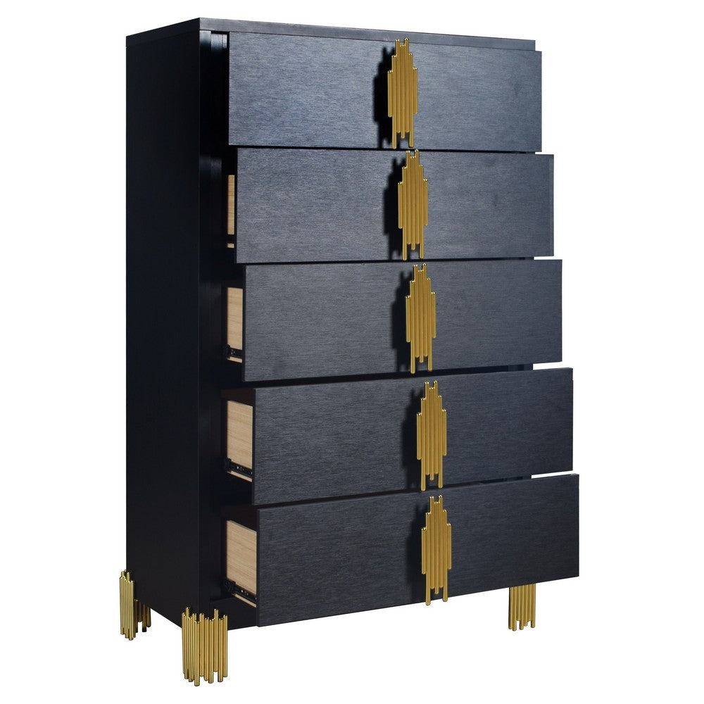 Theo Tall Dresser Chest 5 Drawers Vertical Gold Handles Black Wood BM329920