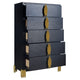 Theo Tall Dresser Chest 5 Drawers Vertical Gold Handles Black Wood BM329920