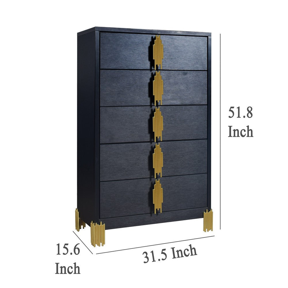 Theo Tall Dresser Chest 5 Drawers Vertical Gold Handles Black Wood BM329920