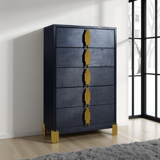 Theo Tall Dresser Chest, 5 Drawers, Vertical Gold Handles, Black Wood