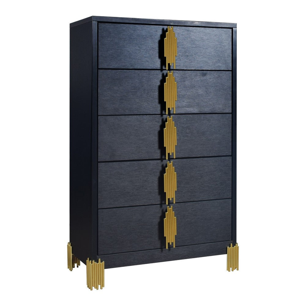 Theo Tall Dresser Chest, 5 Drawers, Vertical Gold Handles, Black Wood