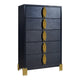 Theo Tall Dresser Chest, 5 Drawers, Vertical Gold Handles, Black Wood