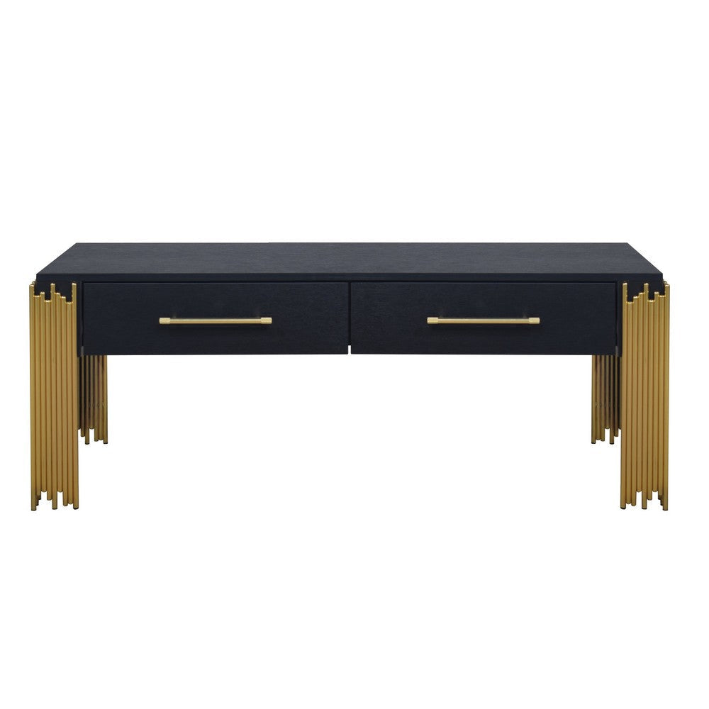 Theo Coffee Table 2 Drawers Gold Metal Retro Black Wood 48 Inch BM329921