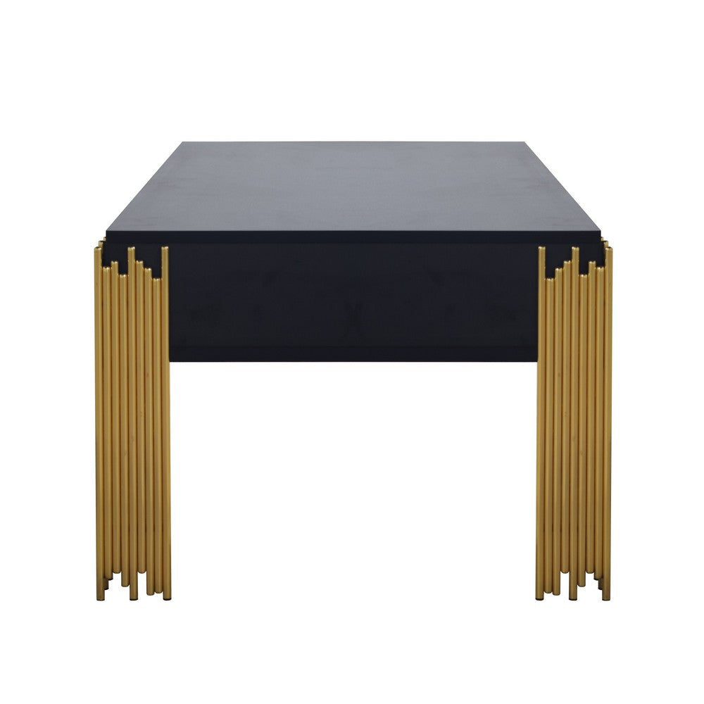 Theo Coffee Table 2 Drawers Gold Metal Retro Black Wood 48 Inch BM329921