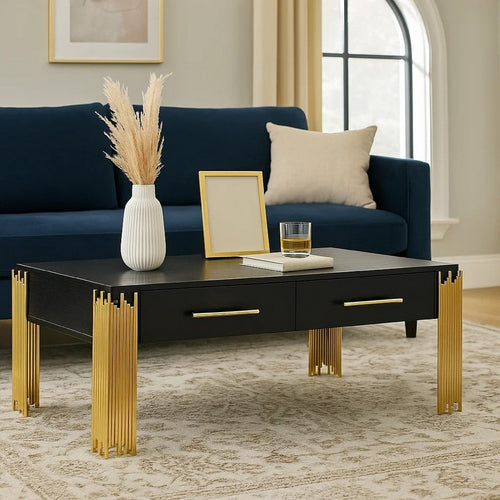 Theo Coffee Table, 2 Drawers, Gold Metal, Retro Black Wood 48 Inch