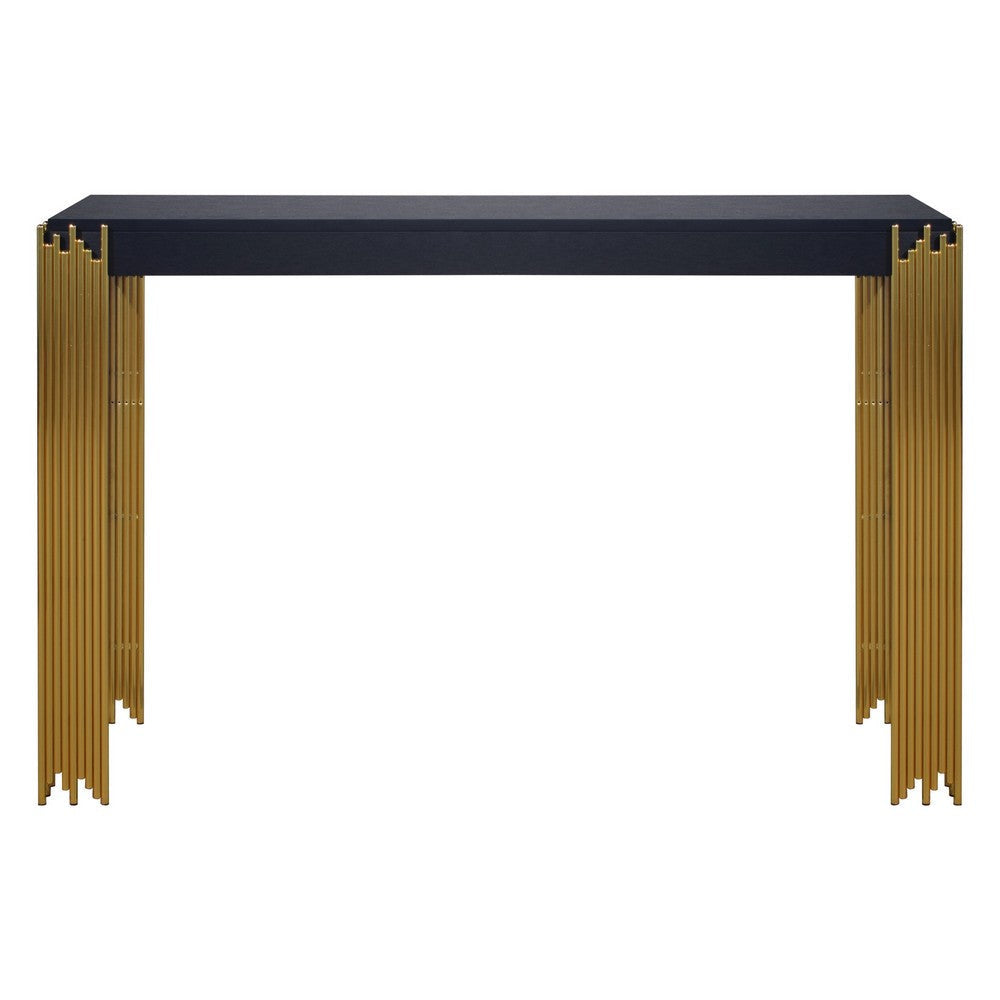 Theo Console Table Gold Metal Legs Retro Black Wood Frame 48 Inch BM329922