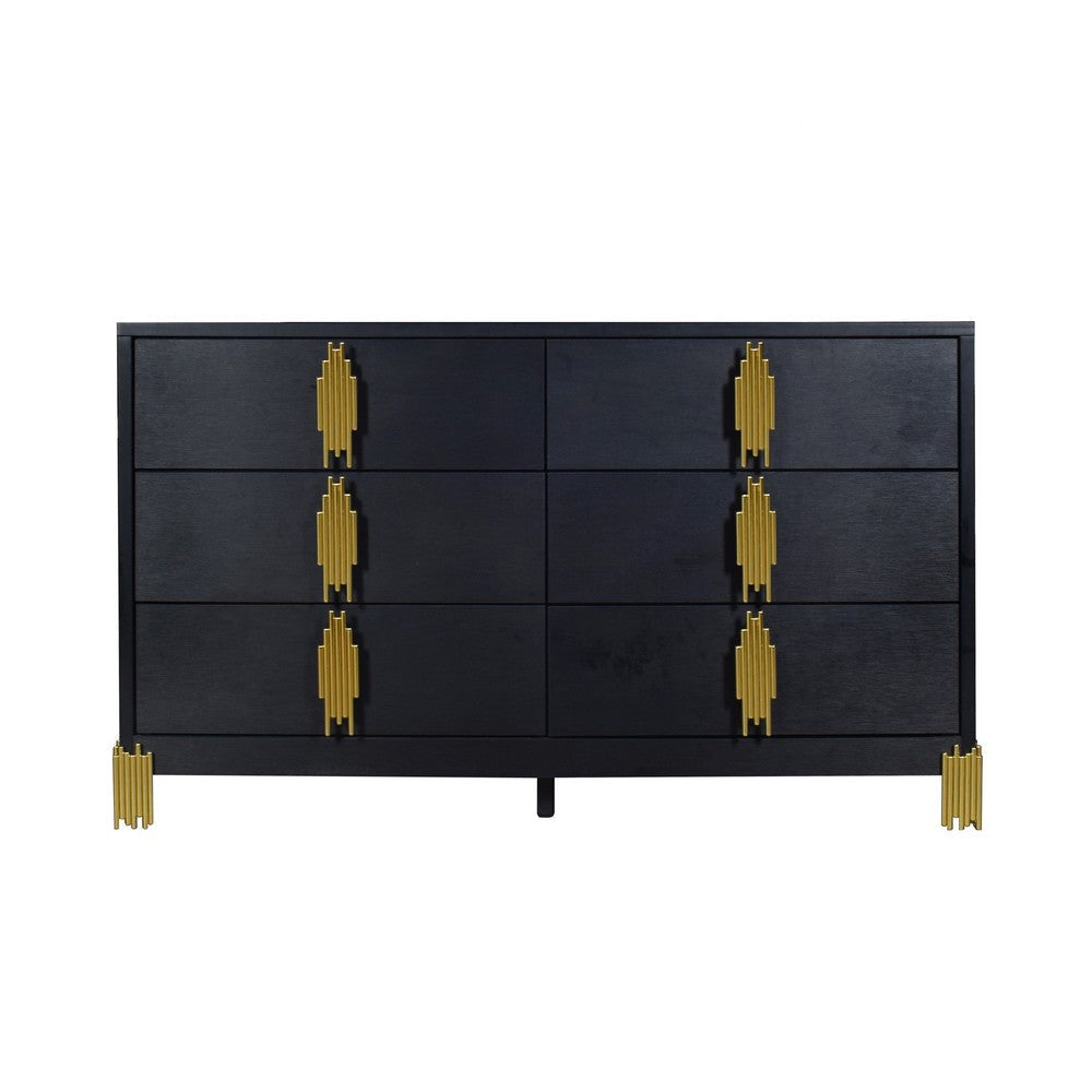 Theo Wide Dresser 6 Drawers Retro Style Gold Handles Black 59 Inch BM329924
