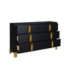 Theo Wide Dresser 6 Drawers Retro Style Gold Handles Black 59 Inch BM329924