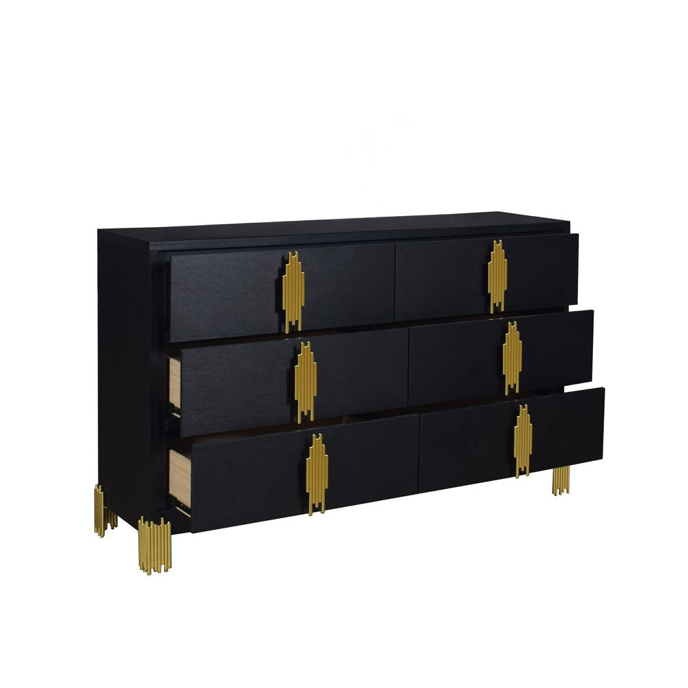 Theo Wide Dresser 6 Drawers Retro Style Gold Handles Black 59 Inch BM329924