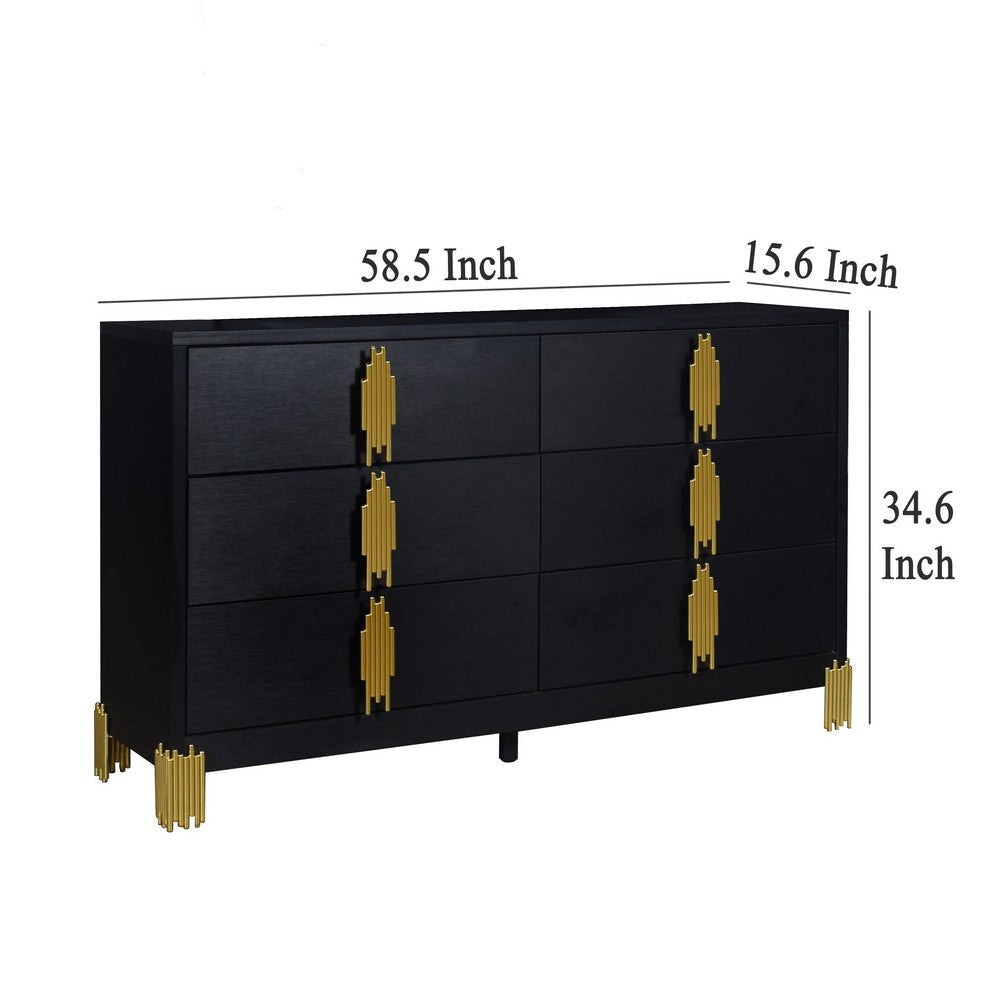 Theo Wide Dresser 6 Drawers Retro Style Gold Handles Black 59 Inch BM329924