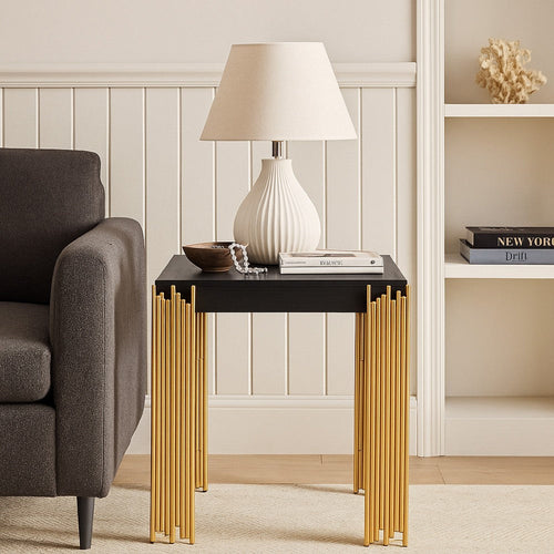Theo Side End Table, Retro Gold Metal Legs, Black Wood, Square 25 Inch