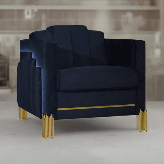 Theo Accent Chair, Black Velvet, Blue LED Lights, Gold Metal Legs
