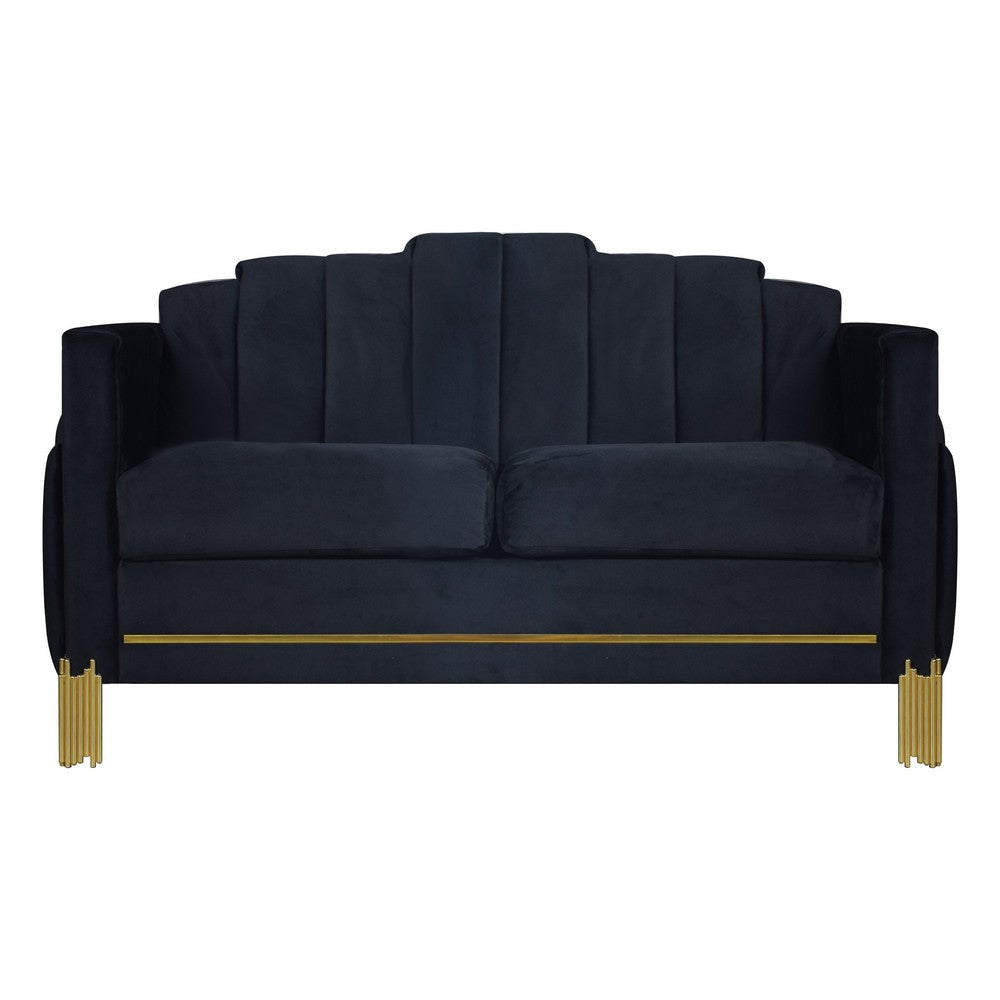 Theo Loveseat Black Velvet Blue LED Lights Gold Metal Legs 59 Inch BM329927