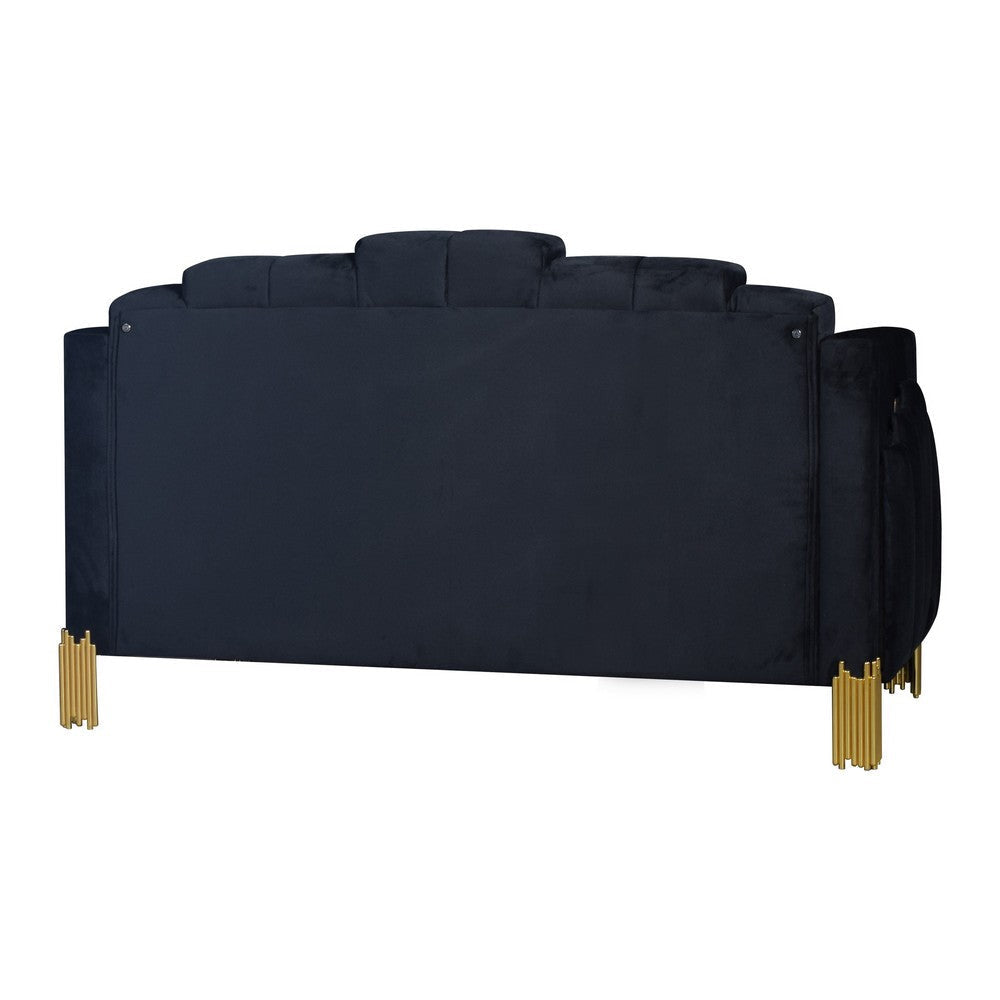Theo Loveseat Black Velvet Blue LED Lights Gold Metal Legs 59 Inch BM329927