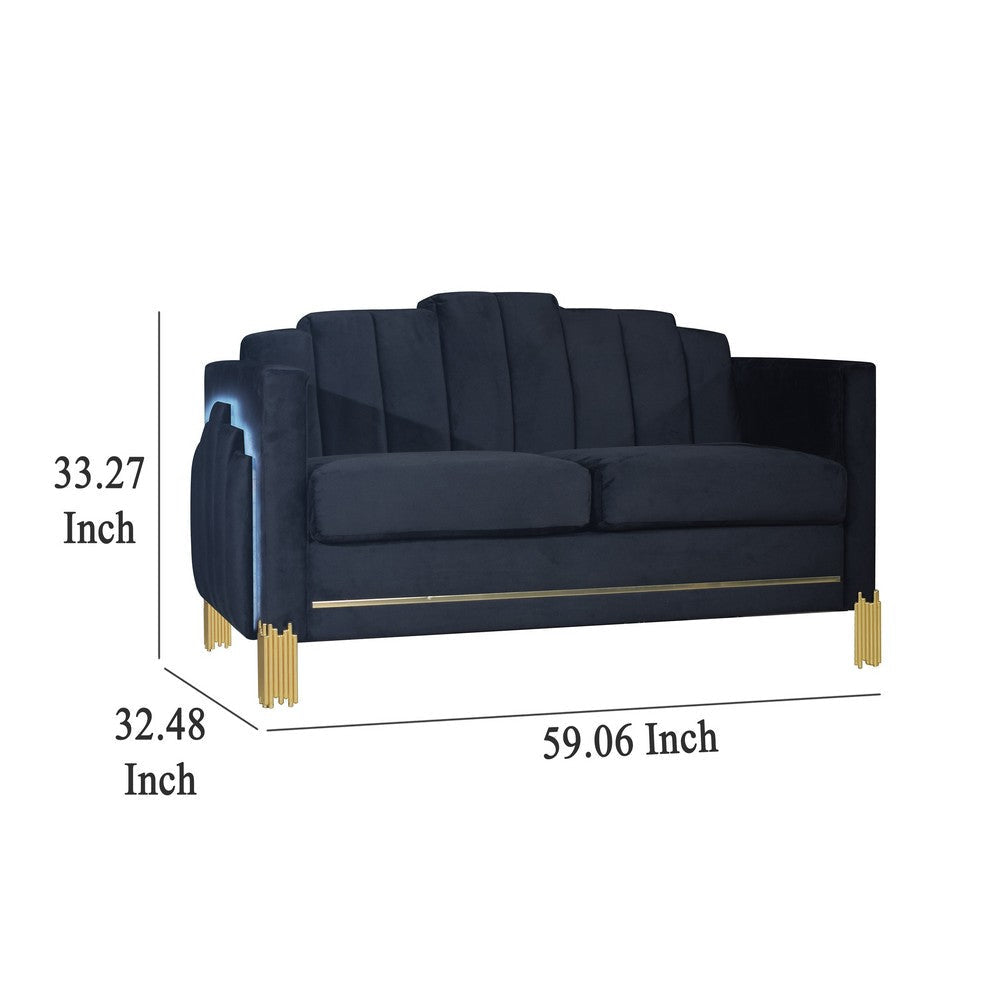 Theo Loveseat Black Velvet Blue LED Lights Gold Metal Legs 59 Inch BM329927