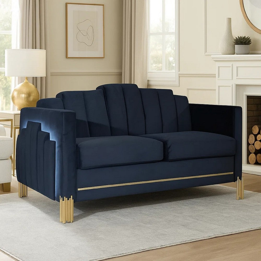 Theo Loveseat, Black Velvet, Blue LED Lights, Gold Metal Legs, 59 Inch