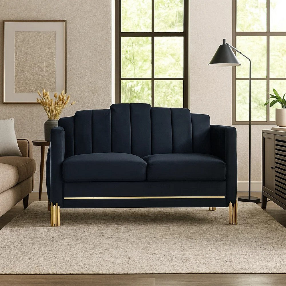 Theo Loveseat, Black Velvet, Blue LED Lights, Gold Metal Legs, 59 Inch