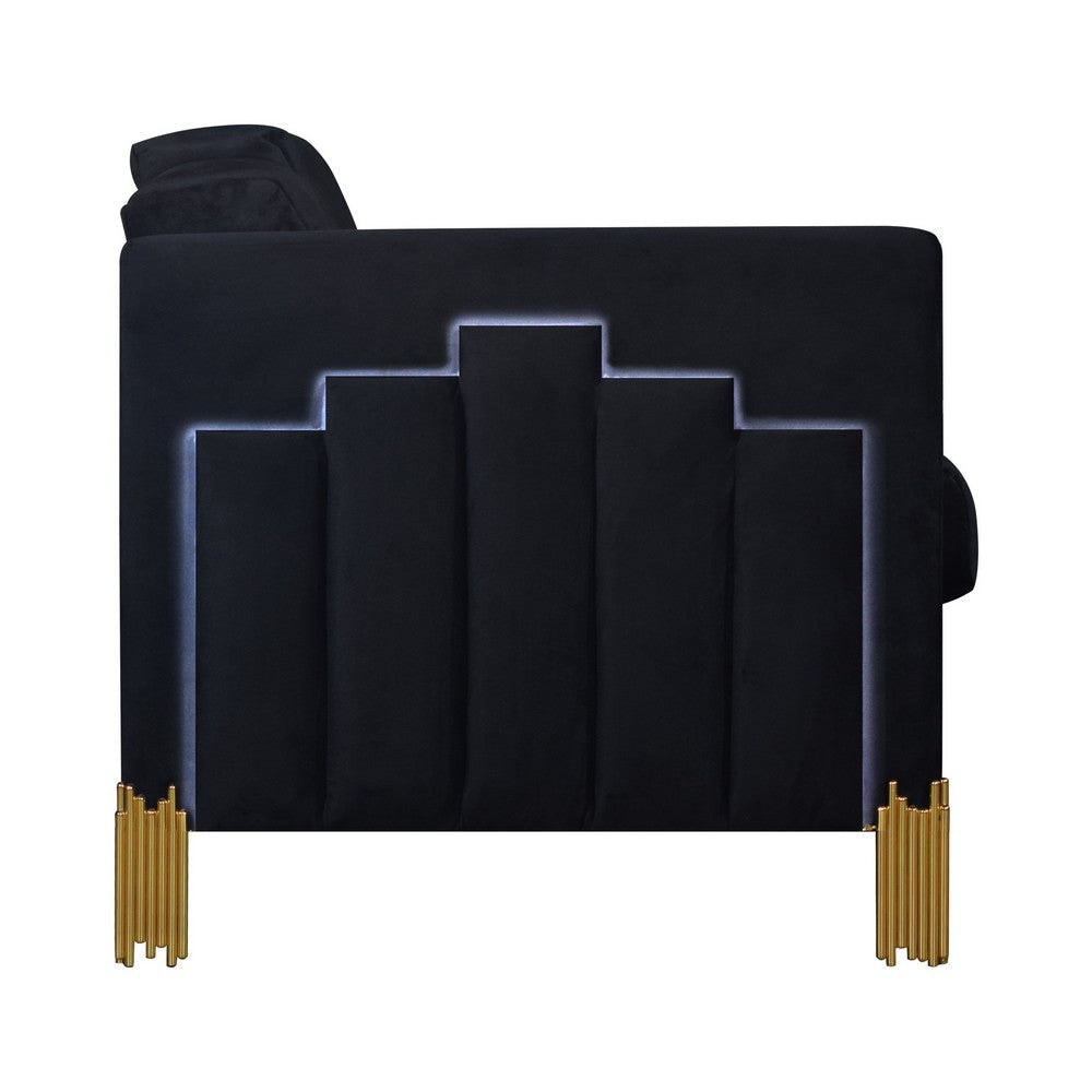 Theo Sofa Black Velvet Blue LED Lights Gold Metal Legs 83 Inch BM329928