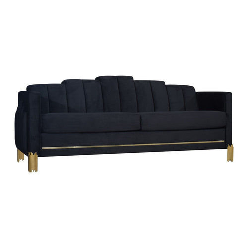 Theo Sofa, Black Velvet, Blue LED Lights, Gold Metal Legs, 83 Inch