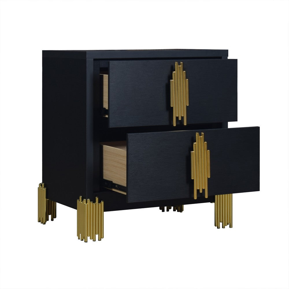 Theo Nightstand 2 Drawers Retro Gold Handles and Black Wood 25 Inch BM329929