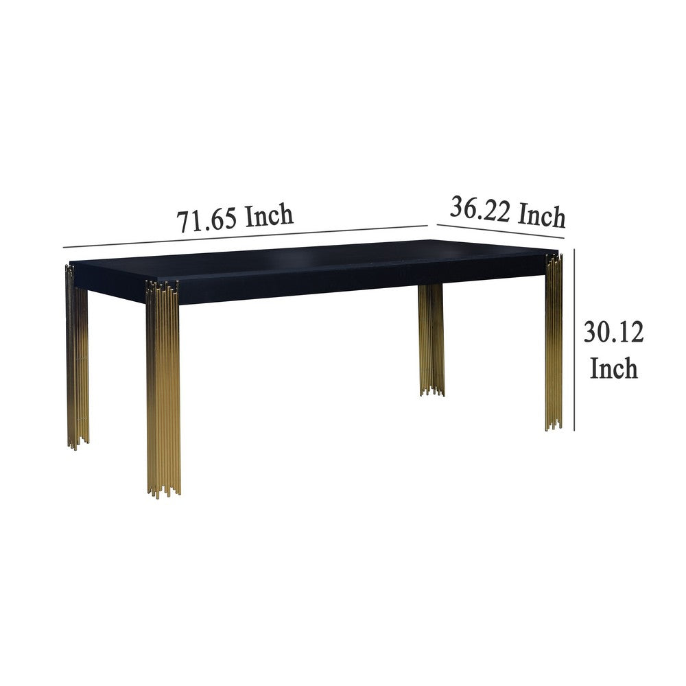 Theo Dining Table, Gold Metal Legs, Retro Black Wood Frame, 72 Inch
