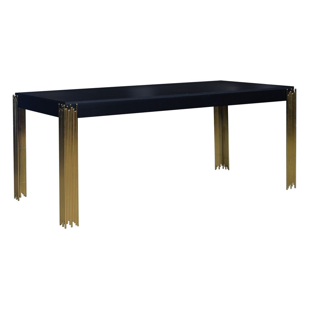 Theo Dining Table, Gold Metal Legs, Retro Black Wood Frame, 72 Inch